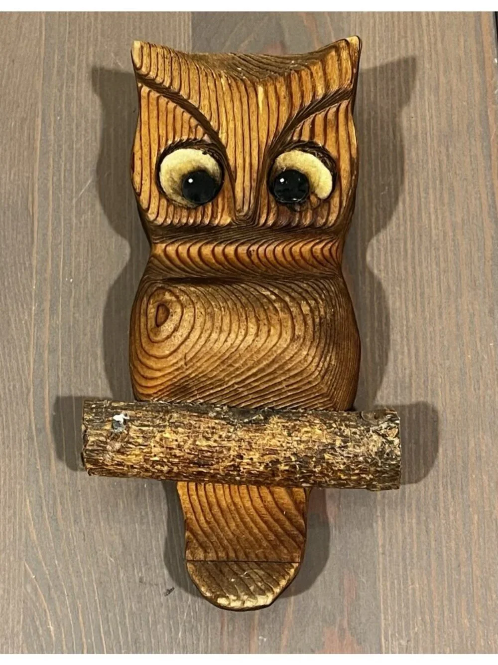 TWO Hand Carved Wooden Owls Big Eyes Folk Art 70s/80s Hanging Shelf Sitter MCM